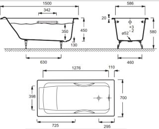 Чугунная ванна Jacob Delafon PARALLEL E2949-00 с отверстиями для ручек 150x70